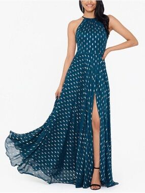 Betsy & Adam Teal Halter Maxi Dress with Metallic Dot Accent